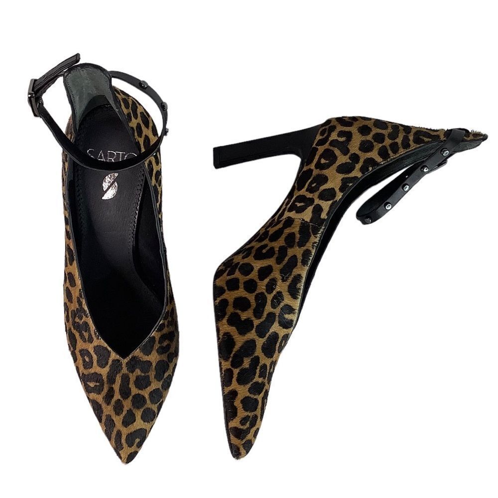 Sarto By FRANK SARTO A-Sarah Heel Calf Hair Cheetah Print Pointy Toe Brown SZ 8